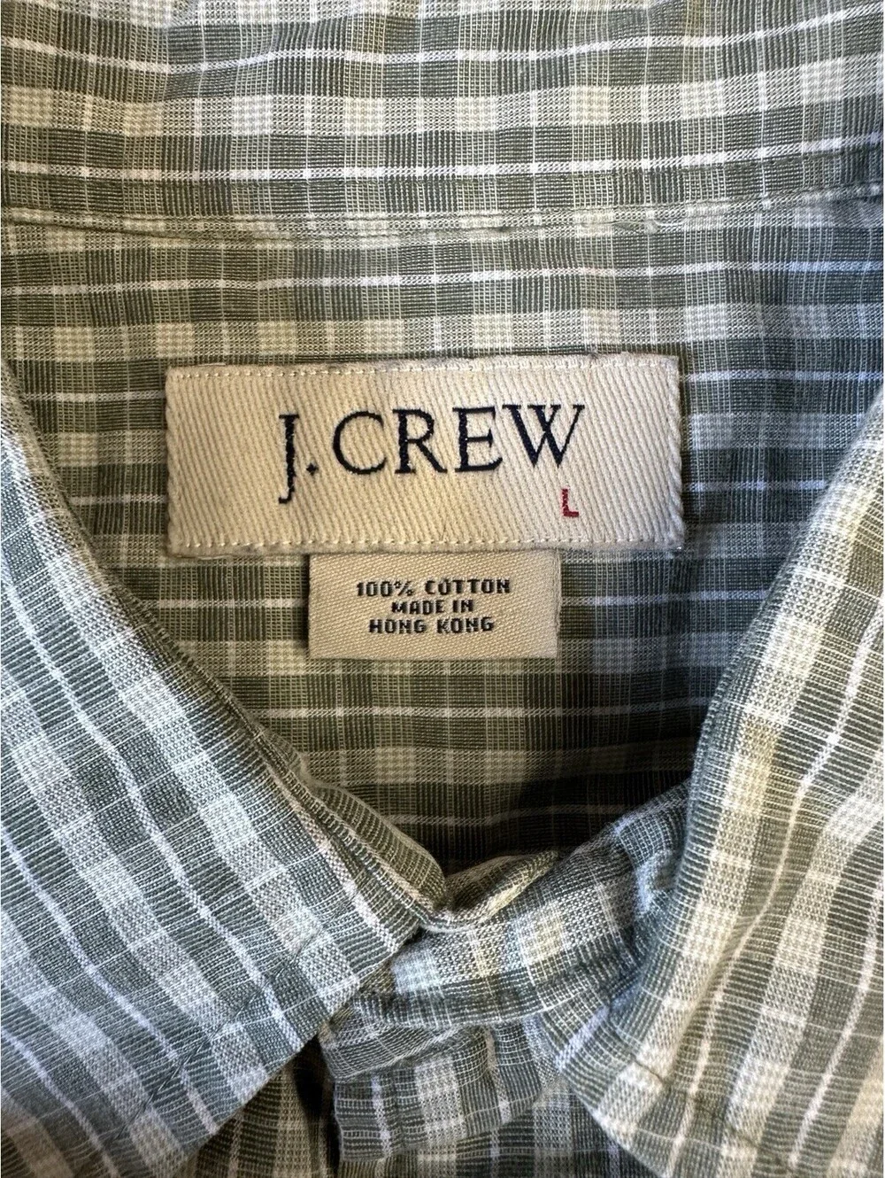 J Crew Green White Plaid Short  Sleeve Button Down Shirt Men’s Lg Cotton